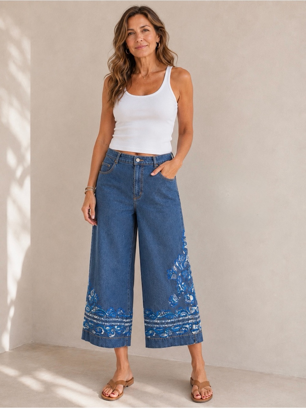 Chico’s 2 Design Embroidered Wide Leg Cropped Jeans Whimsical Folklore US 12/14